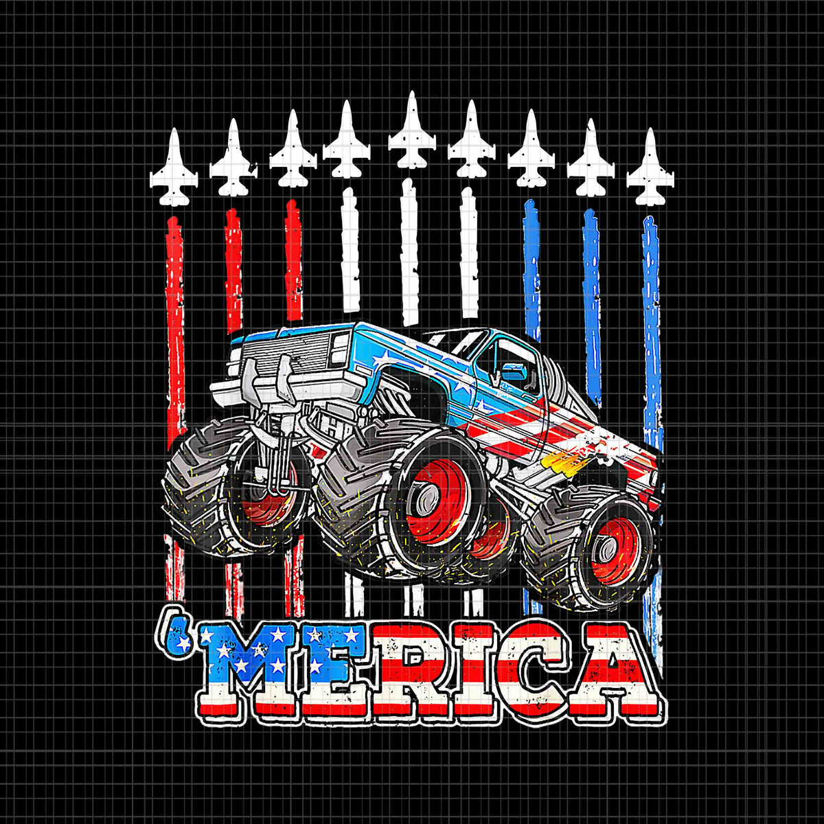 Monster Pickup Truck with USA Flag Cartoon - Pickup - Sticker