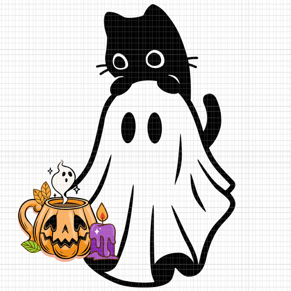Black Cat Ghost PNG, Halloween Cute Ghost Coffee PNG, Trendy Bougie Boo PNG, Ghost Spooky Vibes PNG, Cute Ghost PNG