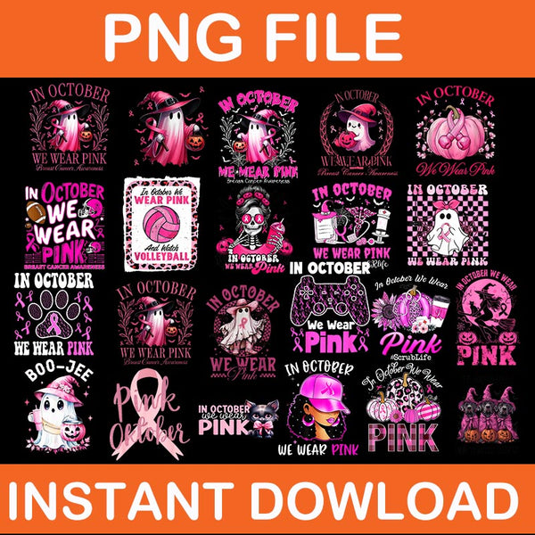 Bundle In October We Wear Pink Ghost Witch Breast Cancer Awareness PNG