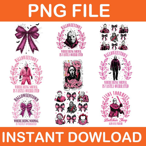 Bundle Coquette Bow Horror Movie Characters Halloween PNG, Pink Ghost Halloween PNG