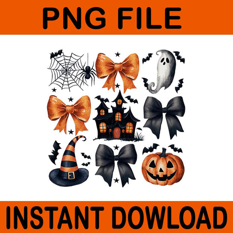 Coquette Bows Spiders Ghost Hunted House Halloween PNG