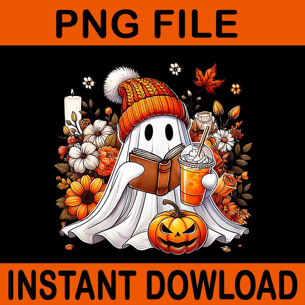 Ghost Drinking Coffee Halloween Pumpkin Flower PNG