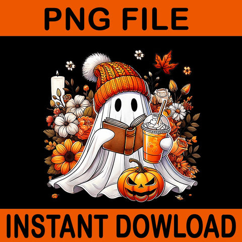 Ghost Drinking Coffee Halloween Pumpkin Flower PNG