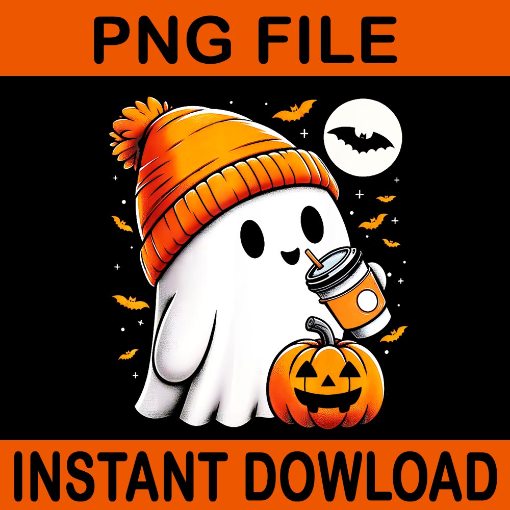 Ghost Drinking Coffee Pumpkin Halloween PNG