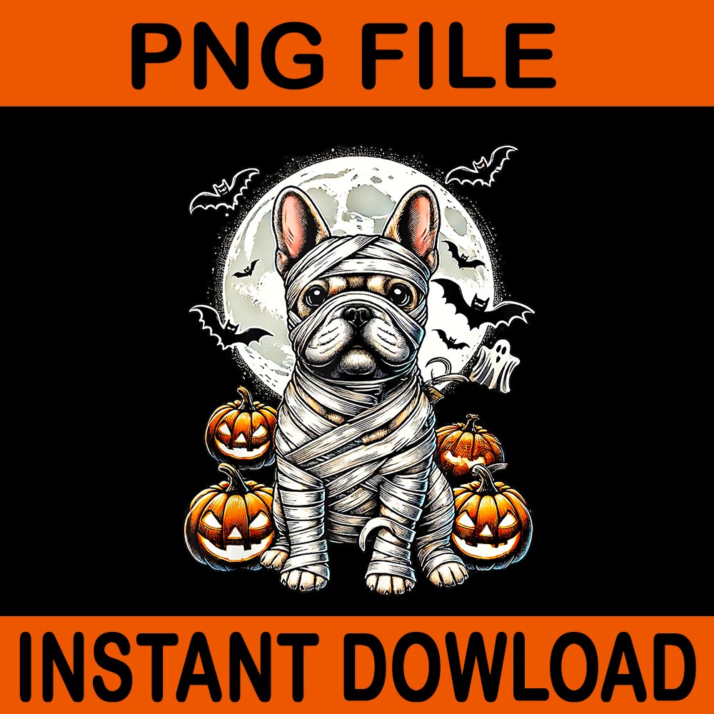 Spooky French Bulldog Mummy Full Moon Halloween PNG