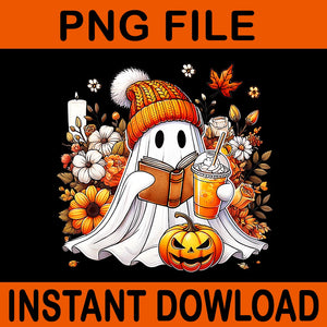 Ghost Drinking Coffee Book Reading Halloween Pumpkin PNG