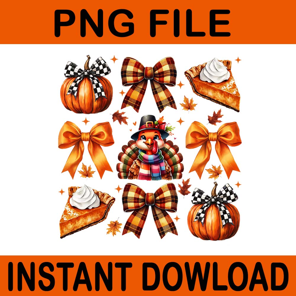 Retro Thanksgiving Coquette Bow Turkey Pumpkin Pie PNG