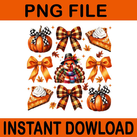 Retro Thanksgiving Coquette Bow Turkey Pumpkin Pie PNG