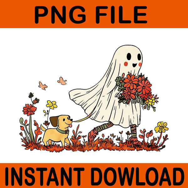 Vintage Halloween Ghost Holding Black Cat Groovy Floral PNG, Cat Groovy Floral PNG
