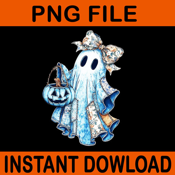 Retro Blue Denim Boo Ghost Halloween Denim Patchwork PNG