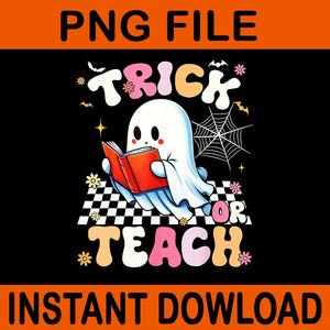  Trick or Teach Floral Ghost Groovy Teacher Halloween PNG