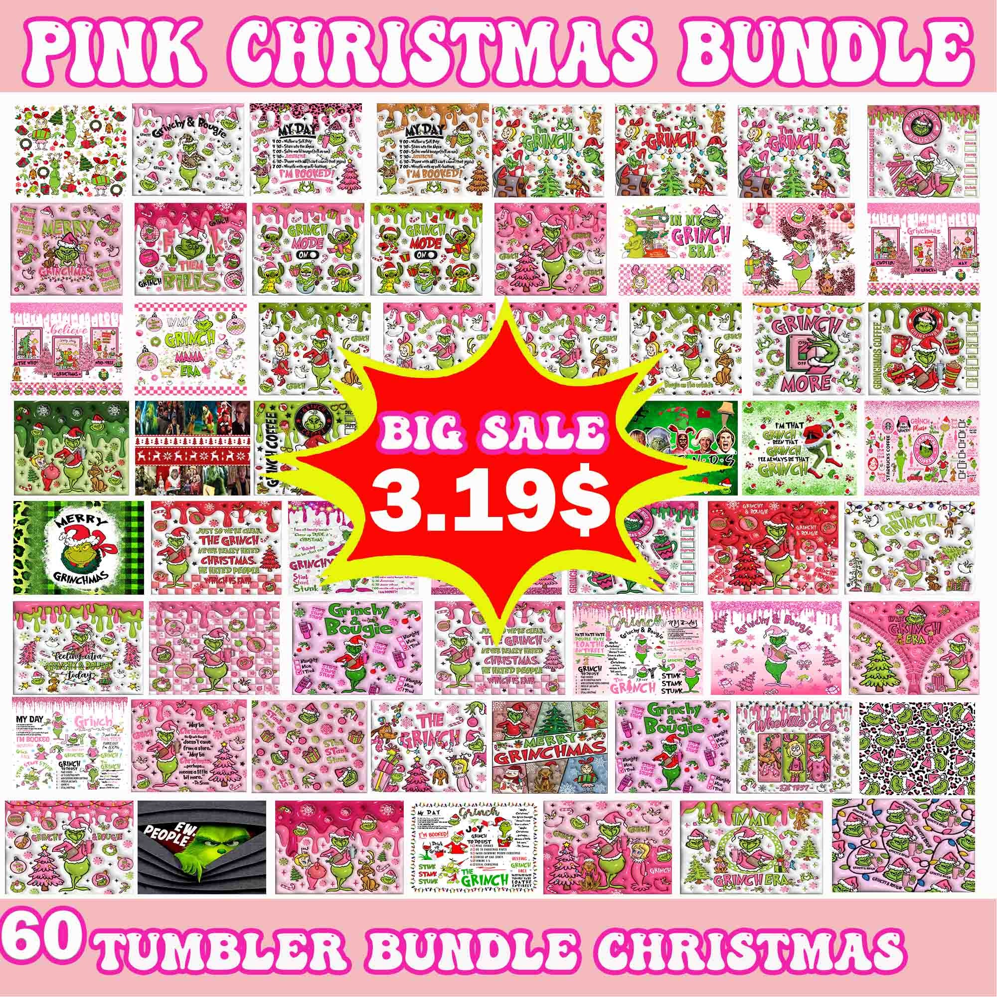 60 Grinch Christmas Tumbler Bundle Png, Grinch Bundle Tumbler Png, Pink Christmas Bundle Png, Tumbler Christmas Png