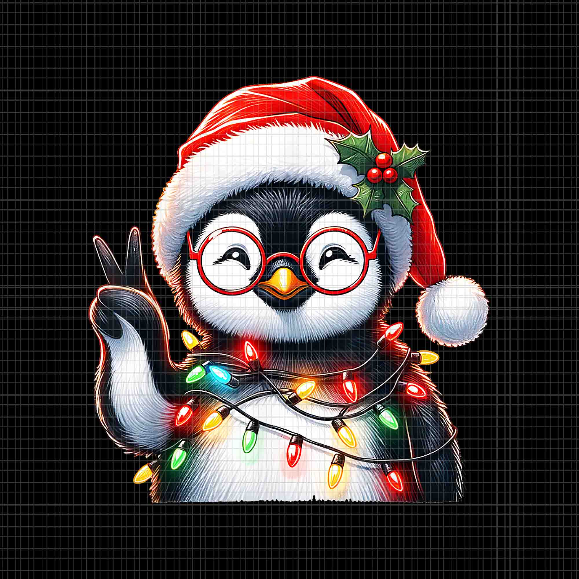 Peace Sign Hand Penguin Christmas PNG, Christmas Lights PNG, Baby Cute Penguin PNG, Penguin Xmas PNG