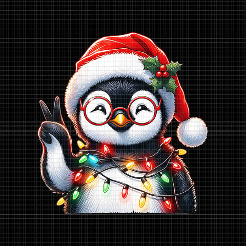 Peace Sign Hand Penguin Christmas PNG, Christmas Lights PNG, Baby Cute Penguin PNG, Penguin Xmas PNG