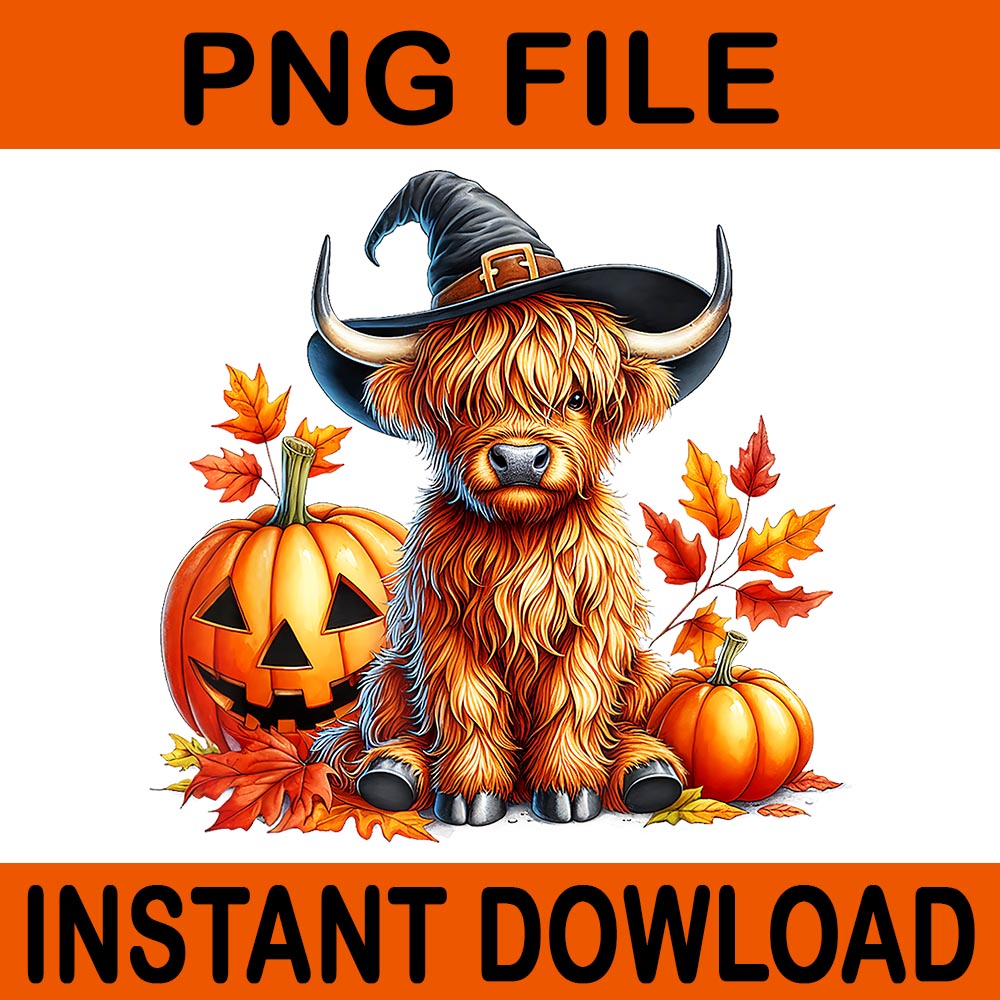 Highland Cow Spooky Season Fall Autumn PNG, Witchy Cow Halloween PNG