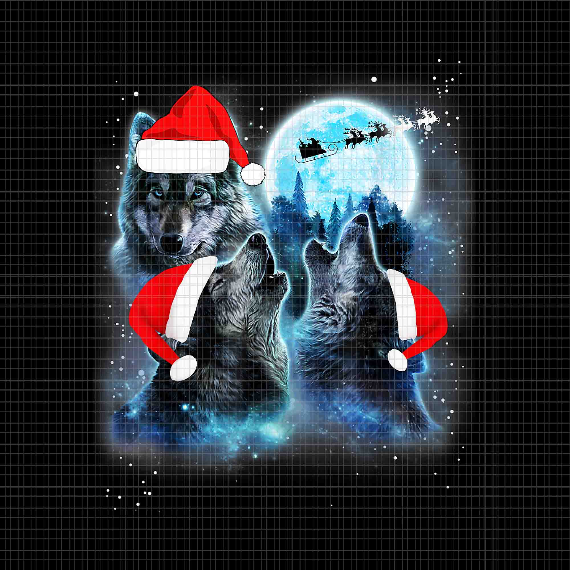 Three Wolves Howling Under Moon Christmas Png, Santa Wolf Png, Wolf Xmas Png, Wolf Hat Santa Png