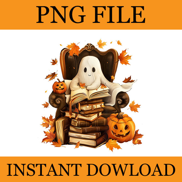 Ghost Book Reading Pumpkin Gothic Halloween Teachers PNG