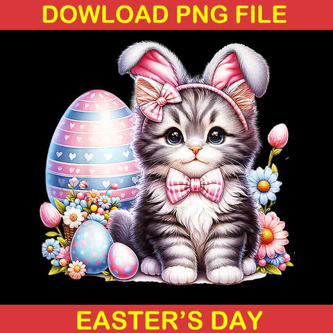 Cute Kitten Happy Easter Cat Bunny And Eggs Png