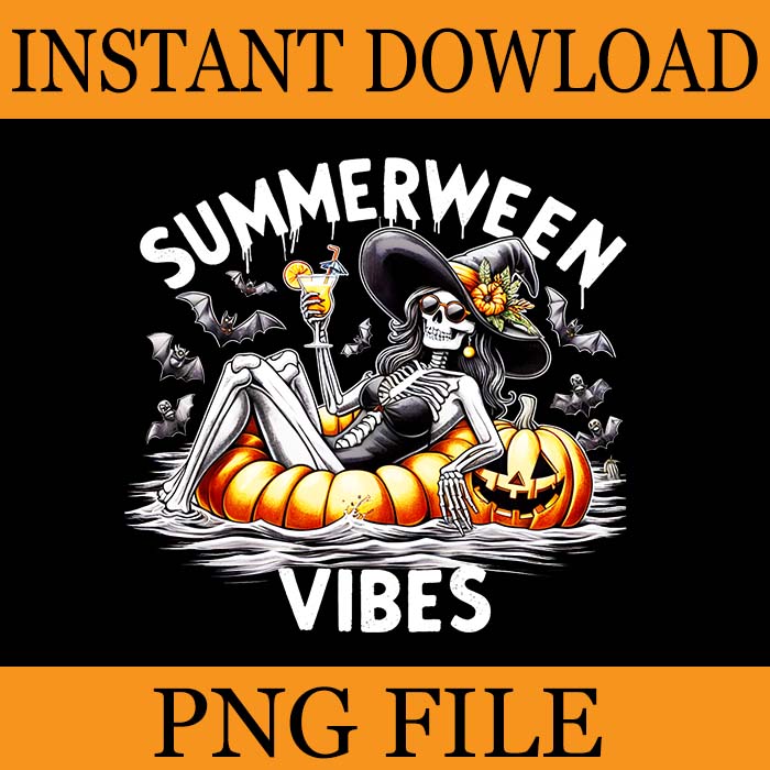 Summerween Vibes Spooky Summer Halloween Pumpkin PNG, Summerween Vibes Skeleton PNG