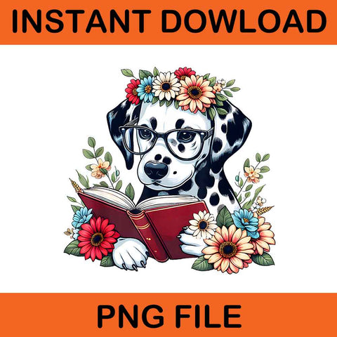  Dalmatian Dog with flowers and read a book PNG
