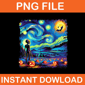 Van Gogh Starry Night Alien Man Halloween Fall Pumpkin Bats PNG