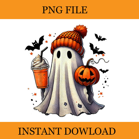 Cute Ghost Drinking Pumpkin Spice Coffee Halloween PNG, Cute Ghost PNG