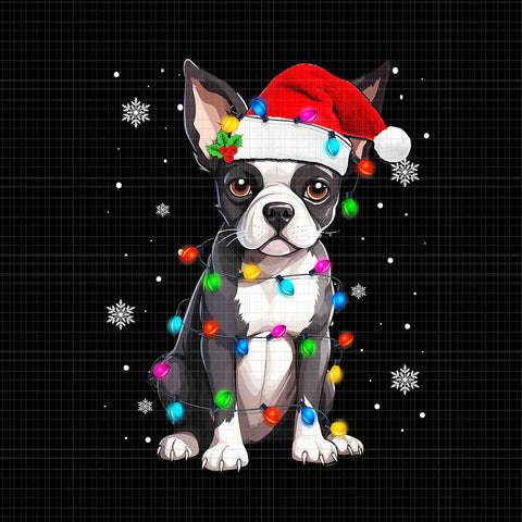 Boston Terrier Christmas Santa Hat Tree Lights Png, Boston Terrier Christmas Png, Dog Christmas Png, Dog Xmas Png