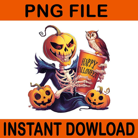 Coffee Drinking Skeleton Pumpkin Halloween PNG