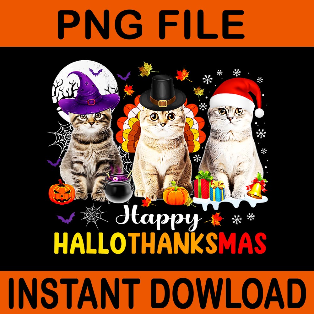 Happy Hallothanksmas Cats Halloween Thanksgiving Christmas PNG