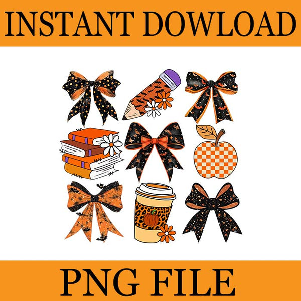 Coquette Bows Pencil Books Coffee Teacher Halloween Spooky PNG