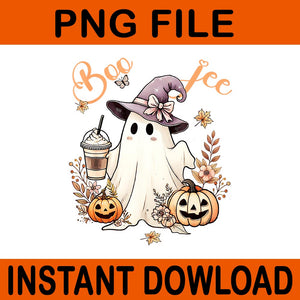 Boo Jee Ghost Drinking Coffee Coquette Bow Halloween PNG