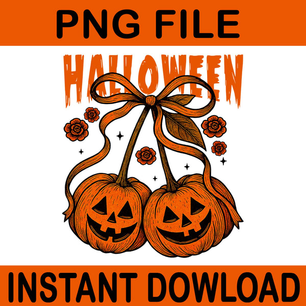 Vintage Pumpkin Cherries Coquette Bow Halloween PNG, Coquette Bow Pumpkin PNG