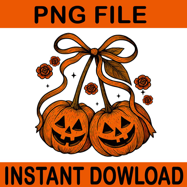 Vintage Pumpkin Cherries Coquette Bow Halloween PNG, Coquette Bow Pumpkin PNG