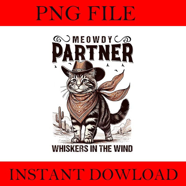 Meowdy Partner Cowboy Cat Vintage PNG, Meowdy Partner Cat PNG