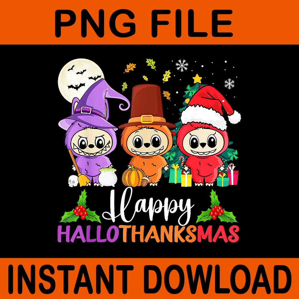 Happy Hallothanksmas Labubu Halloween Fall Christmas PNG