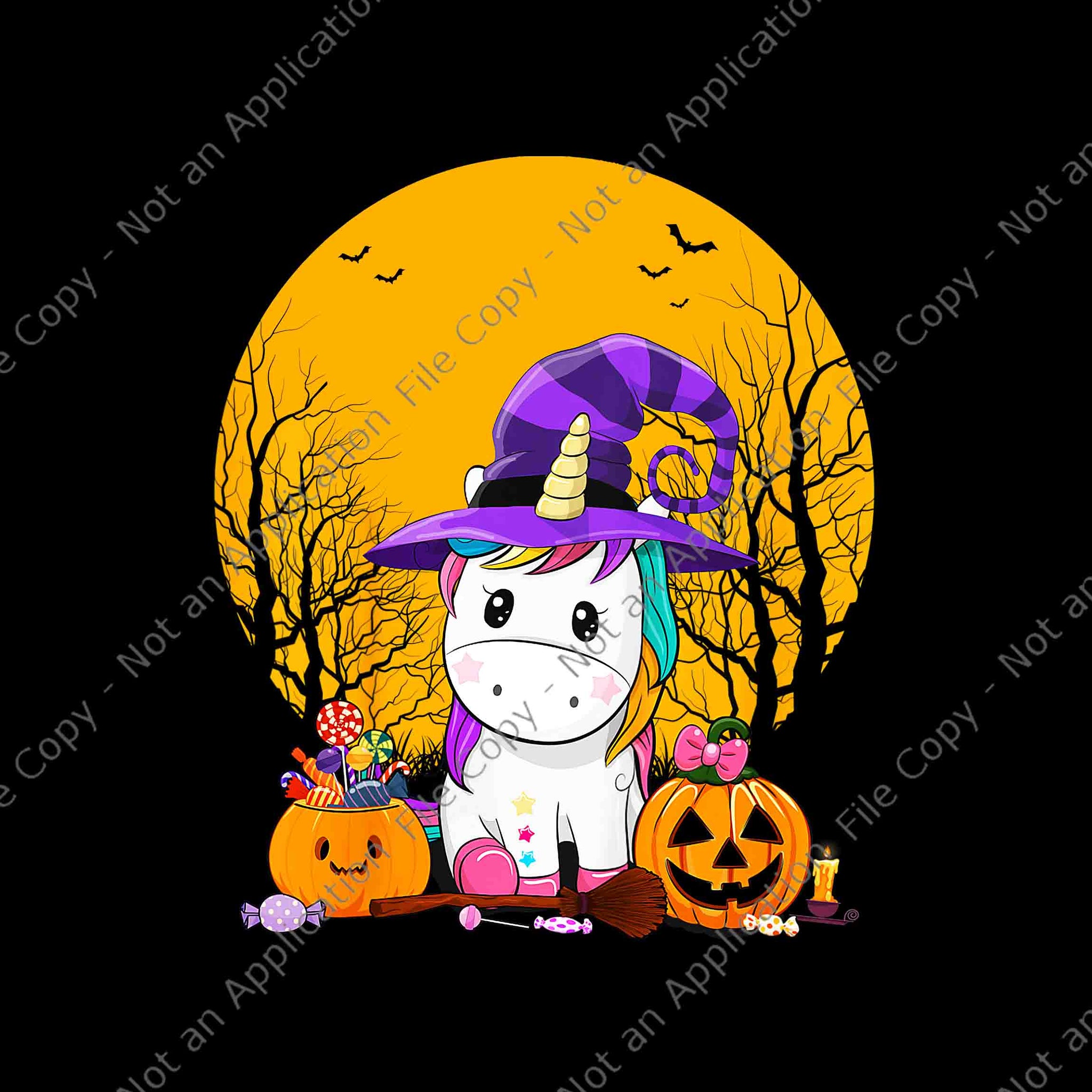 Unicorn Witch Hat Candy Pumpkin Png, Unicorn Witch Halloween Png, Unicorn Halloween Png, Witch Halloween Png