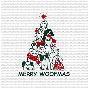 Merry woofmas svg, Merry woofmas vector, dogmas tree svg, dogmas tree vector, funny dogs christmas tree xmas svg