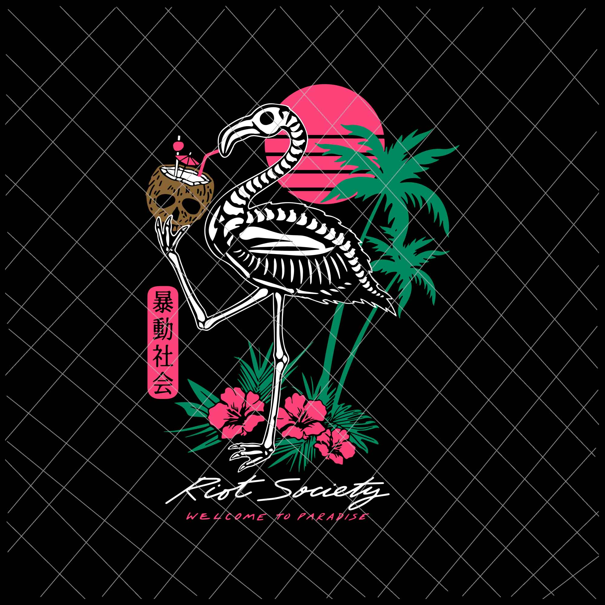 Riot Society Tropical Svg, Skeleton Flamingo Svg Welcome To Paradise Svg