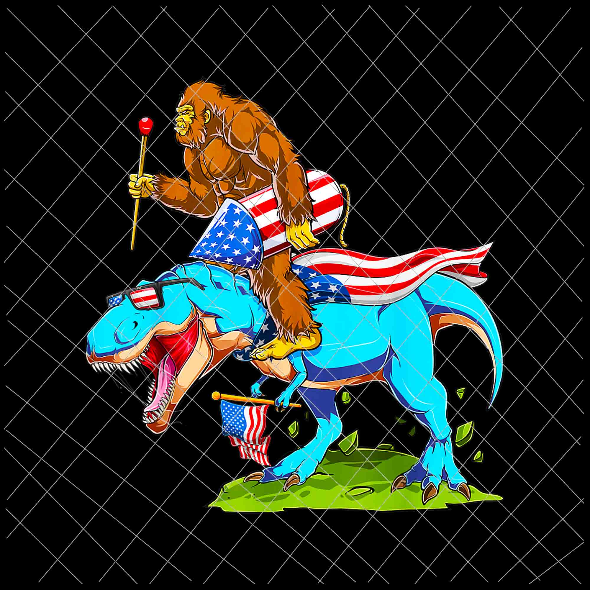 Bigfoot riding Dinosaur USA Flag Vector, 4th of July America Png, Independence Day, US Flag, Patriotic, America