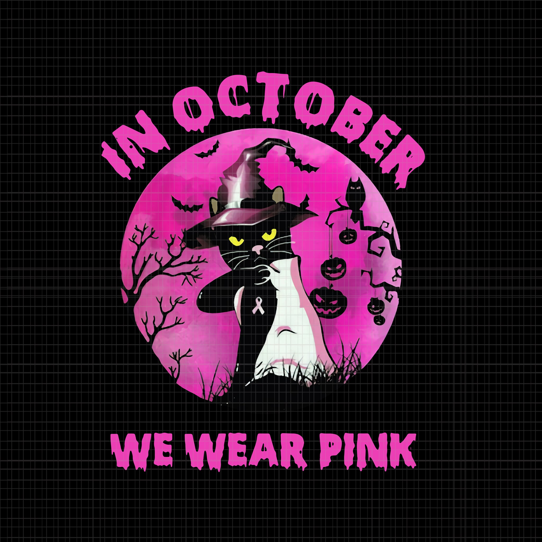 In October We Wear Pink Cat, Breast Cancer Awareness png, Pink Cancer Warrior png, Pink Ribbon, Halloween Pumpkin, Pink Ribbon Png, Autumn Png